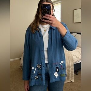 C.J. Banks Vintage Blue Sports Embroidered Shacket Teacher Kidcore Gym Teacher